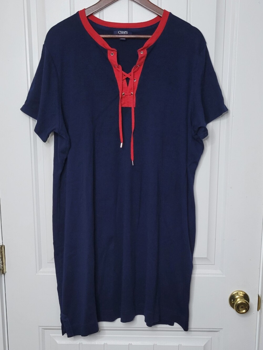 Chaps Navy Tee Dress with Red Lace-Up Neckline